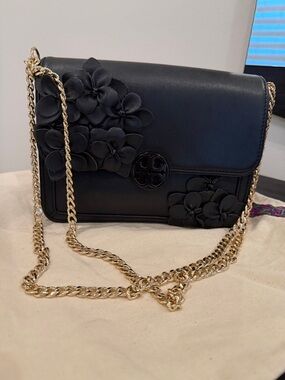 Tory Burch Black Leather Floral Appliqué Crossbody with Gold Chain